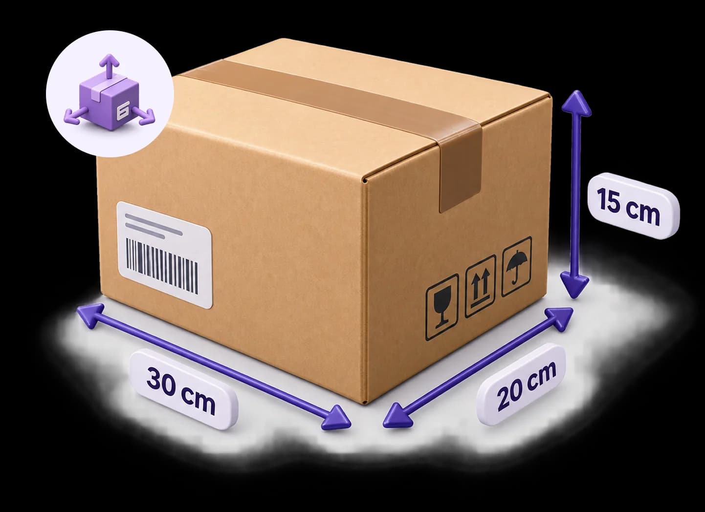 Parcel with its length, width and height marked